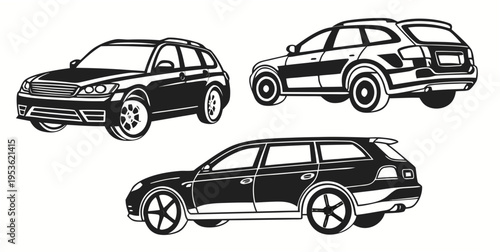Black and white illustration of different car models