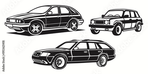 Black and white illustrations of different cars