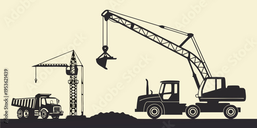 Construction site with crane, excavator and dump truck