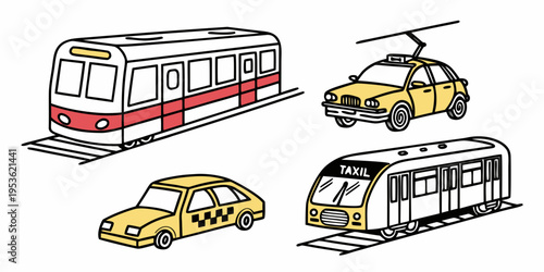 A group of cartoon vehicles including taxis and trains