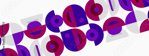 Abstract pattern features repeating circles, semicircles. Purple, pink hues dominate white background. Modern design element.