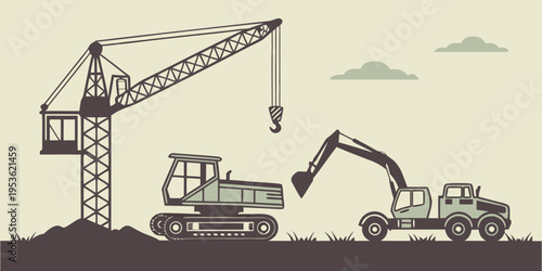 Construction site with crane and excavator
