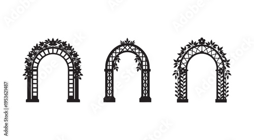 Three decorative garden arches with leafy vines and flowers on lattice structures for outdoor spaces and events  wedding entrance gate  garden archway