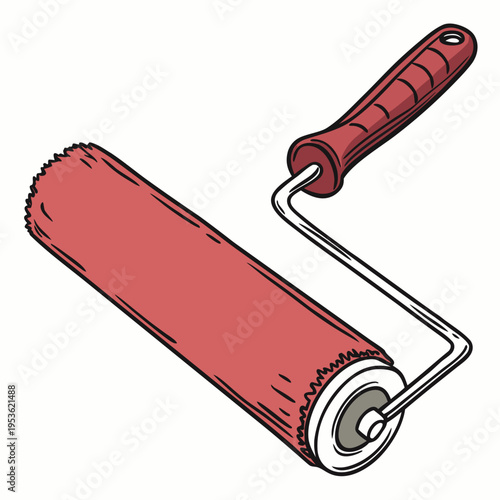 A red paint roller with a handle