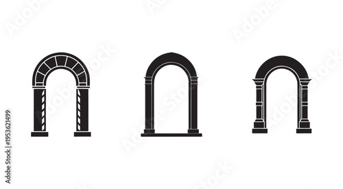 Three different architectural archways with columns and stone details in black silhouette on white background  ancient roman style gateways