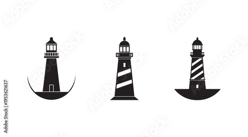 Three different lighthouse silhouettes with varying designs and patterns on a white background  iconic nautical structures