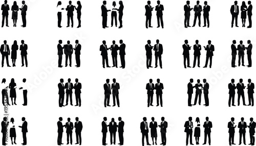 Business people discussion silhouette set, corporate team communication meeting interaction poses, professional men and women vector isolated background