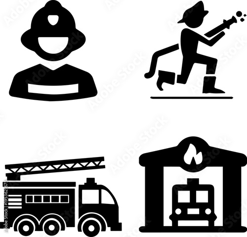 Firefighter and Fire Department Flat Vector Icon Set