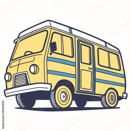 A yellow camper van with blue stripes