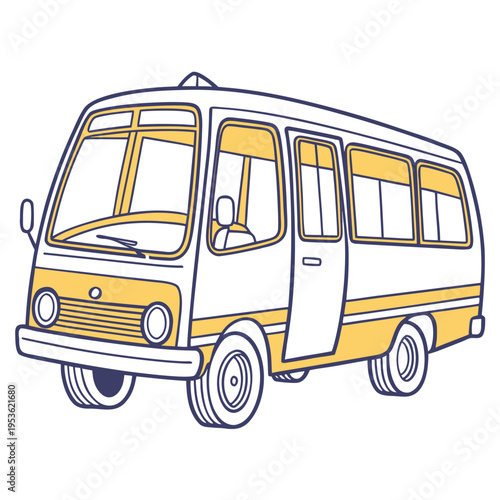 A yellow and white bus with a large windshield