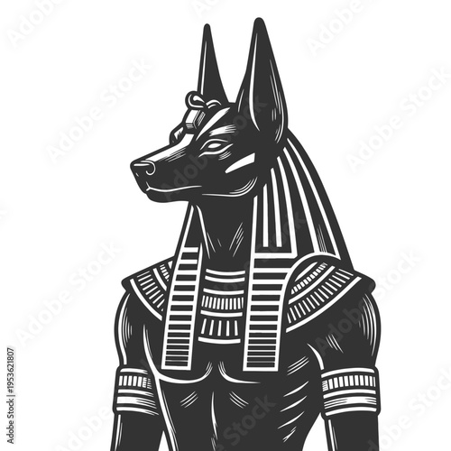 Anubis, the ancient Egyptian god with jackal head, death, afterlife, protection, and mythology sketch engraving generative ai fictional character vector illustration. Scratch board. Black and white.