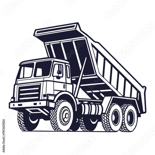 A large black dump truck with six wheels