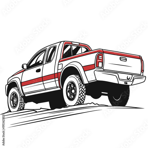 A white pickup truck with red stripes