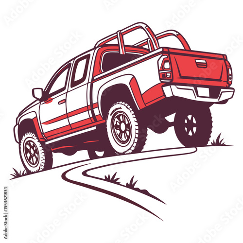 A red and white pickup truck on a dirt road