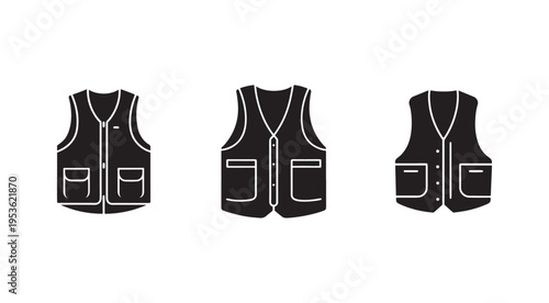 Three different views of black safety vests with white outlines and pockets  front and back
