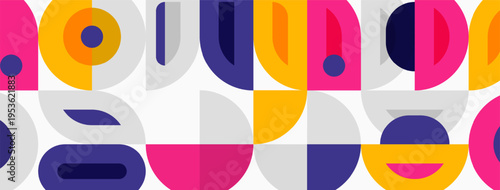 Abstract geometric pattern. Colorful shapes repeat, creating modern design. Bold hues contrast with white background.