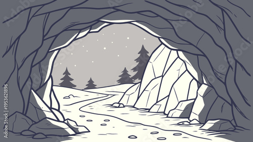 A cave with a snowy landscape and trees in the background