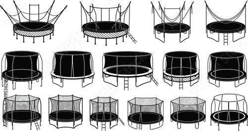 set of trampoline design variations, outdoor recreational equipment, safety net enclosure concepts, round backyard fitness play structure illustration collection isolated