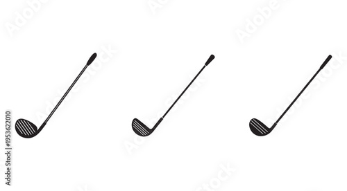 Three golf clubs with striped pattern on the club heads  isolated on white background