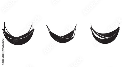 Three hammock silhouettes in different positions for relaxation and leisure activities outdoors in nature
