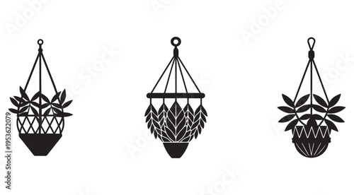 Three hanging plants in baskets with different leaf patterns and designs in black silhouette on white background