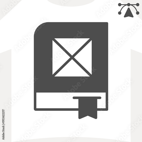 Book with bookmark and banner solid icon, polygraphy concept. Vector graphics. Hardcover book with space for picture sign and editable stroke, glyph style icon for mobile or web design.