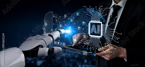 Fotografia Artificial intelligence interface concept showing human centered interaction, smart search, chat and automated assistance for future workflows and data analytics