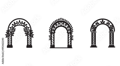 Three ornate arches with leafy designs on top and sides  decorative entrance gateways with intricate patterns and foliage  architectural elements