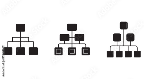 Three organizational chart structures with square boxes and lines on white background  business process flowcharts for company management and planning