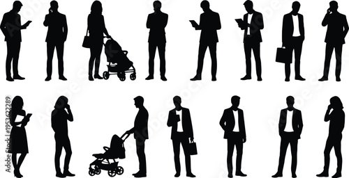 People silhouette set vector business lifestyle men women standing poses office daily activity isolated illustration collection