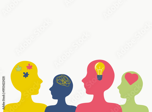Mental health banner with people, brain, emotions, ideas