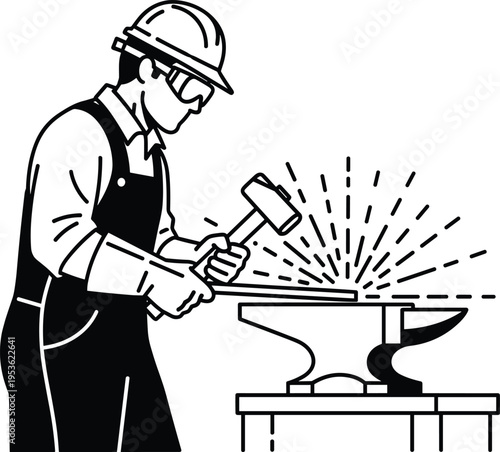 blacksmith worker forging metal anvil hammer sparks industry craftsmanship manual labor workshop steel shaping tool traditional smith occupation illustration
