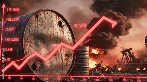 Global oil price surge amidst international war and geopolitical conflict featuring metallic crude barrels rising financial graph and fiery explosions symbolizing energy crisis volatility