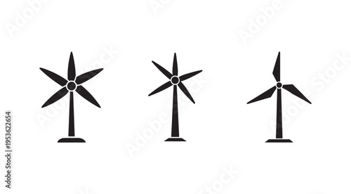 Three wind turbines with different blade angles for renewable energy generation and sustainable power production on a white background