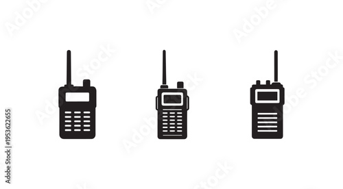 Three walkie talkies with antennas and buttons for communication  electronic devices for twoway radio communication