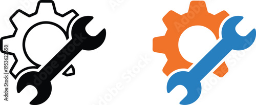 Black and Color Icons of Gear and Wrench on White Background Keywords: gear, wrench, tool, spanner, mechanical, engineering