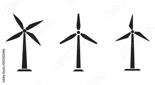 Three wind turbines with different blade configurations on white background for renewable energy and sustainability concepts  clean energy production