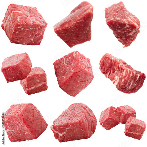 Photograph of fresh, raw beef cubes, perfect for stew or goulash, isolated on a transparent background.