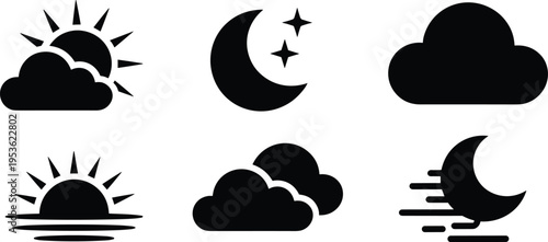 Black silhouette icons of sun, moon, clouds, and a sunrise on a white background symbol