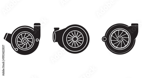Turbocharger icons in different angles  turbochargers for cars and engines  vehicle turbochargers