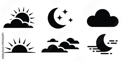 Black silhouette icons of sun, moon, clouds, and a sunrise against a white background symbol