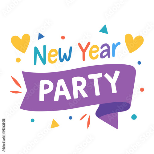 Happy new year party banner sticker confetti flat color vector illustration template design