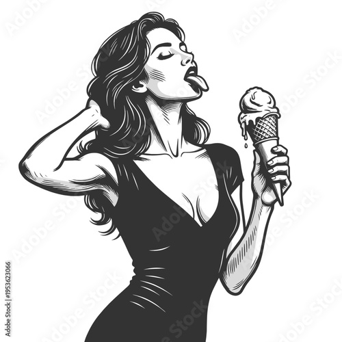 attractive woman licking ice cream cone sketch engraving generative ai fictional character vector illustration. Scratch board imitation. Black and white image.