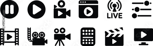 Collection of black video and media playback icons on white background play button pause button