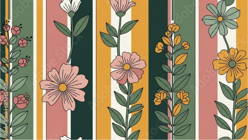 Vibrant floral pattern with colorful flowers and leaves on striped background