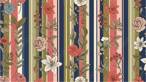 Vibrant floral pattern with roses, lilies and stripes on fabric