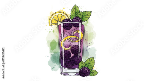 Fresh blackberry drink with lemons and mint leaves on table indoors