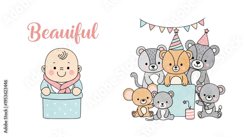 A smiling baby sits in a box next to a group of party animals
