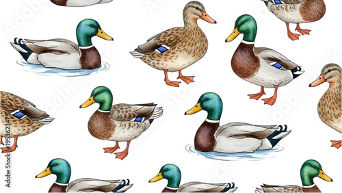 A group of ducks swimming in water with some standing on land