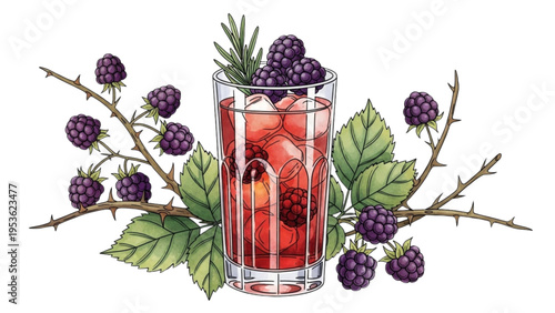 Fresh blackberry drink with ice cubes and leaves on a branch